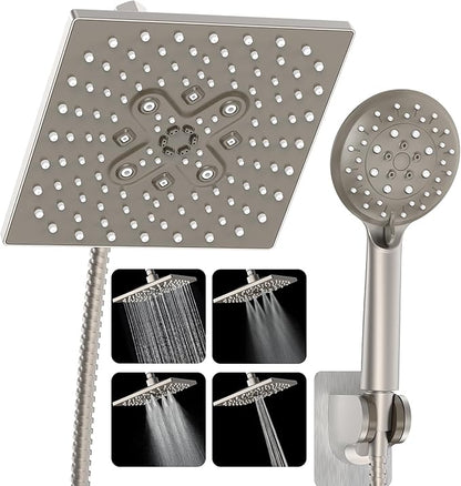 Veken High Pressure Rain Shower Head with Multi-Functions, Square Rainfall Shower Heads with 5-Mode Handheld Spray Combo, Detachable Hand Held Showerhead with Hose, Double Regaderas Para,Starlight
