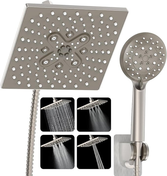 Veken High Pressure Rain Shower Head with Multi-Functions, Square Rainfall Shower Heads with 5-Mode Handheld Spray Combo, Detachable Hand Held Showerhead with Hose, Double Regaderas Para,Starlight