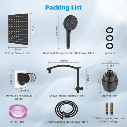 Hibbent All Metal 10'' Dual Filtered Rainfall Shower Head Combo, High Pressure Handheld Shower Head, 16'' Adjustable Arc Extension Arm, 20 Stage Shower Filter, 10-spray, 71'' Hose, Oil Rubbed Bronze