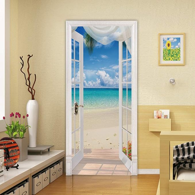 3D Door Stickers Murals - Landscape Peel and Stick Waterproof & Washable Matt Finish DIY Design 37.4" x 84.6" White Wall Adults All Seasons