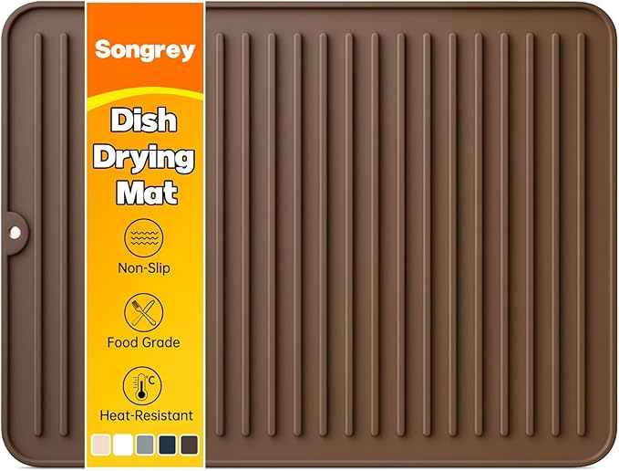 Songrey 16" x 12" Silicone Dish Drying Mat, Kitchen Counter Drying Pad for Sink Dishes or Under Rack, Multi-Use as Heat Resistant Trivet, Coffee Bar Mat