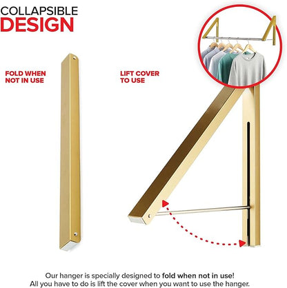 Double Foldable Clothing Rack w/ Extension Rod, Wall-Mounted Retractable Clothes Hanger for Laundry Dryer Room, Hanging Drying Rod, Small Collapsible Folding Garment Racks, Dorm Accessories (Gold)