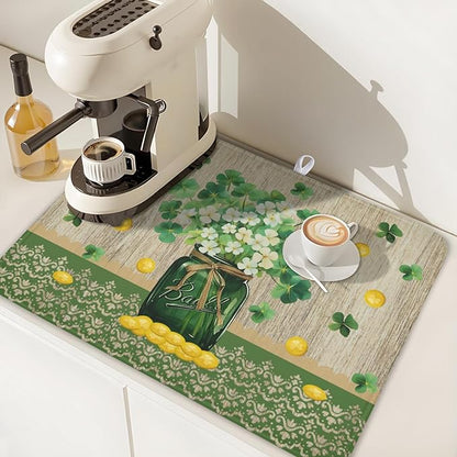 St Patricks Day Dish Drying Mat for Kitchen Counter Spring Holiday Green Lucky Shamrock Vase Drying Mat 18x24 Inch Absorbent Dish Drainer Mat Kitchen Accessories