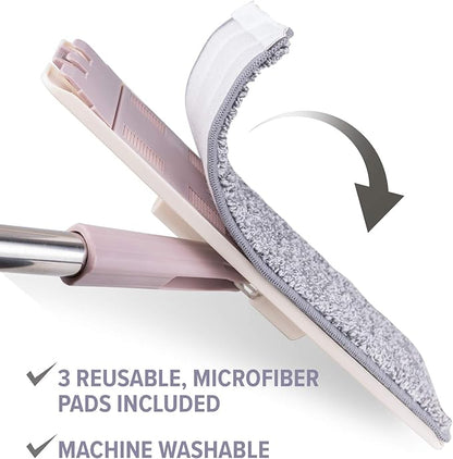 Micro Flat Mop & Bucket System, Hands-Free Wringing Floor Cleaning, 3 Washable & Reusable Microfiber Pads, Wet or Dry Usage on Wood, Marble, Tile, Laminate, Ceramic and Vinyl Floors