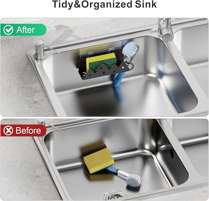 GSlife Expandable Dish Drying Rack and Sponge Holder Set, 2 Piece Large Capacity 2-in-1 Rust Resistant Dish Drainer and Adhesive Brush Holder and Soap Holder, Black