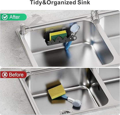 GSlife Expandable Dish Drying Rack and Sponge Holder Set, 2 Piece Large Capacity 2-in-1 Rust Resistant Dish Drainer and Adhesive Brush Holder and Soap Holder, Black