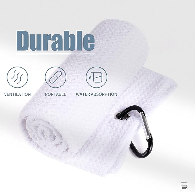 Mile High Life Microfiber Golf Towel, 21" X 24", Waffle Pattern w Clip, Super Absorbent Tri-fold Large Towels, Golf Bag Accessories for Men & Women（White）