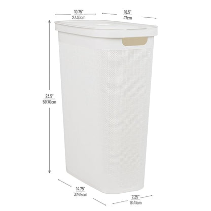 Mind Reader Slim Laundry Hamper with Lid, 40L Clothes Basket, Linen Design, Plastic, White