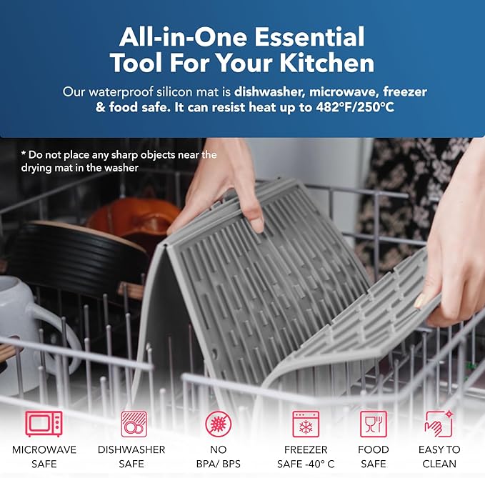 BTH 24" Extra Wide Foldable Dish Drying Mat for Kitchen Countertop, Made In Korea, Heat-resistant Premium Non-slip Silicone Mat, Large Dish Drainer Mat, Compact Folding Sink Liner Dishwasher Safe