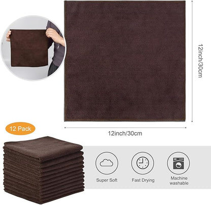 SINLAND Absorbent Microfiber Dish Cloth Kitchen No Streak Cleaning Cloth Dish Rags Lens Cloths 12 Inch X 12 Inch 12 Pack Dark Brown