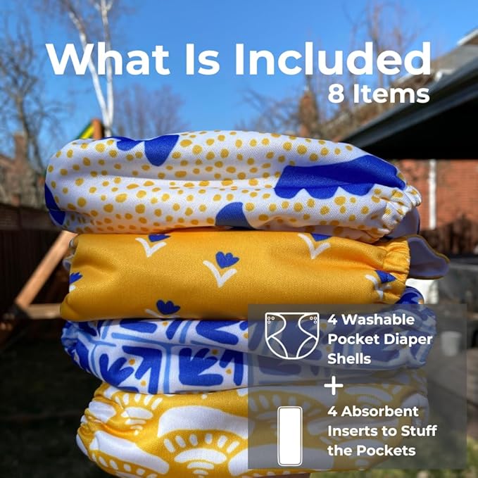 Nora's Nursery Cloth Pocket Diapers 4 Pack with 4 Inserts - Waterproof Cover, Washable, Reusable & One Size Adjustable Pocket Diapers for Newborns and Toddlers - Sicilian Summer