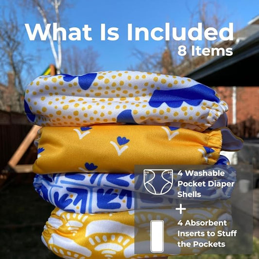 Nora's Nursery Cloth Pocket Diapers 4 Pack with 4 Inserts - Waterproof Cover, Washable, Reusable & One Size Adjustable Pocket Diapers for Newborns and Toddlers - Sicilian Summer