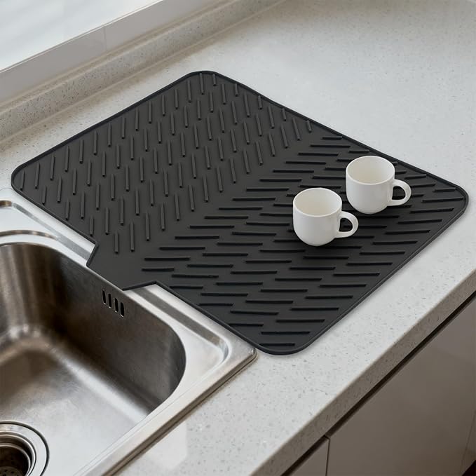 Silicone Drying Mat, 23"X17" With Built-in Drain Lip,Heat-Resistant,Eco-friendly,Hygienic Drying Pad,Leak-Proof and Non-Slip,Silicone Dish Drying Mat for Kitchen Counter or Sink（Black 23X17）