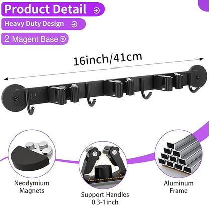 Magnetic Broom Holder Wall Mount - Heavy Duty Non-Slip Mop Hanger with 4 Hooks And 3 Rack, No Drill Tool Organizer for Refrigerator,Garage,Laundry Room (Black, 3Racks 4Hooks)