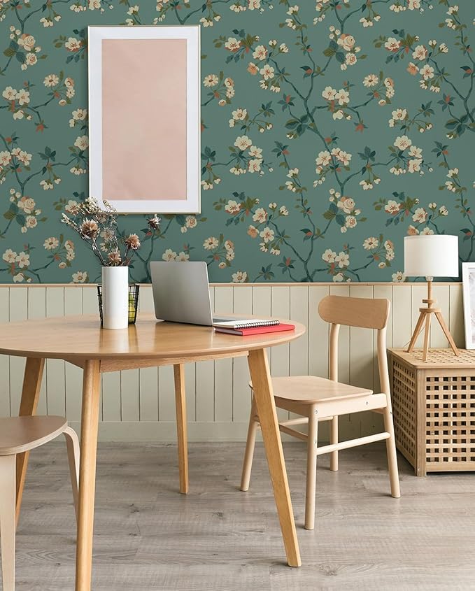 Timeet Floral Wallpaper Peel and Stick Wallpaper Boho Blue/PeachPuff/Green Retro Wall Decor Bedroom Living Room Wall Decor Self Adhesive Removable Mural 16.14in*118.11in