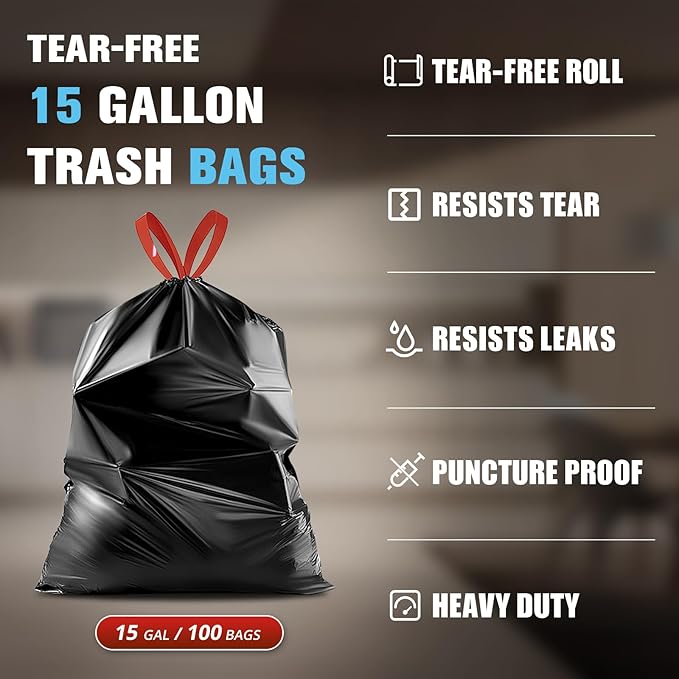 Pre-Separated Drawstring Trash Bags for 15 Gallon Trash Cans, 100 Count, Ultra Strong Black Tall Kitchen Garbage Bags, Tear-Free Large Trash Liners for Lawn & Yard