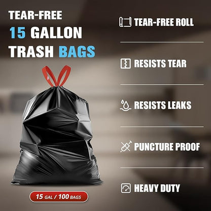 Pre-Separated Drawstring Trash Bags for 15 Gallon Trash Cans, 100 Count, Ultra Strong Black Tall Kitchen Garbage Bags, Tear-Free Large Trash Liners for Lawn & Yard