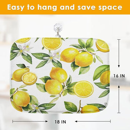 Sanwarm Absorbent Dish Drying Mat, Floral Lemon Fruits Vintage Microfiber Pad for Kitchen Counter, Coffee Bar Decor, Heat Resistant and Reversible, 16" x 18"