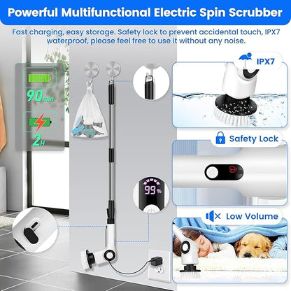 Electric Spin Scrubber, Cordless Power Shower Scrubber with 7 Scrub Brush, 3 Speeds, Adjustable Extension Handle, IPX7 Waterproof Electric Cleaning Brush for Bathroom Tub Tile Kitchen Car- White