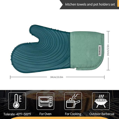 Silicone Oven Mitt Pack,Cotton Lined Gloves, BPA-Free, Long Cooking Mitts and Trivet Mats, Silicone Grilling Gloves for BBQ, 2 Pieces, (Green)