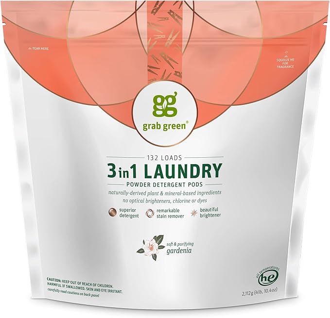 Grab Green Natural 3 in 1 Laundry Detergent Pods, Gardenia-with Essential Oils, 132 Loads, Organic Enzyme-Powered, Plant & Mineral-Based, White, 74.5Oz