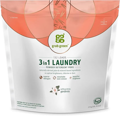 Grab Green Natural 3 in 1 Laundry Detergent Pods, Gardenia-with Essential Oils, 132 Loads, Organic Enzyme-Powered, Plant & Mineral-Based, White, 74.5Oz