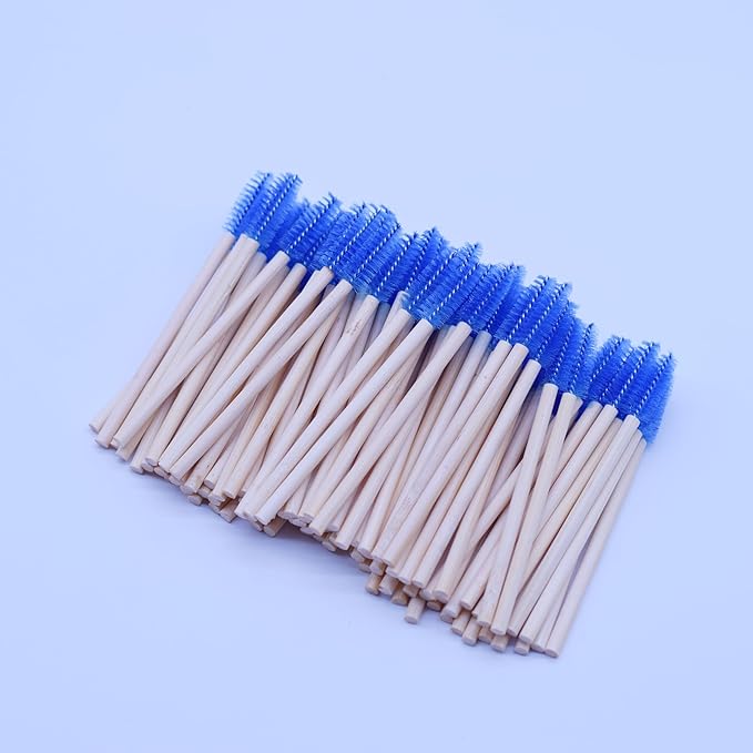 100 Pcs per Container Disposable Wood Mascara Wands, Bamboo Spoolies Brush for Eyelash Extensions, Spooly Eyebrow Brushes Lash Wand Applicator Stick (Blue)