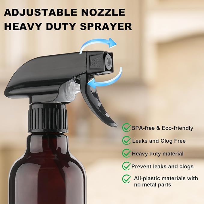 Glass Spray Bottles 12oz Empty Spray Bottle Mist/Stream Spraying Small Refillable Containers for Hair Care, Cleaning Solutions, Plants, Essential Oils 2 Pack (Brown, 12oz)