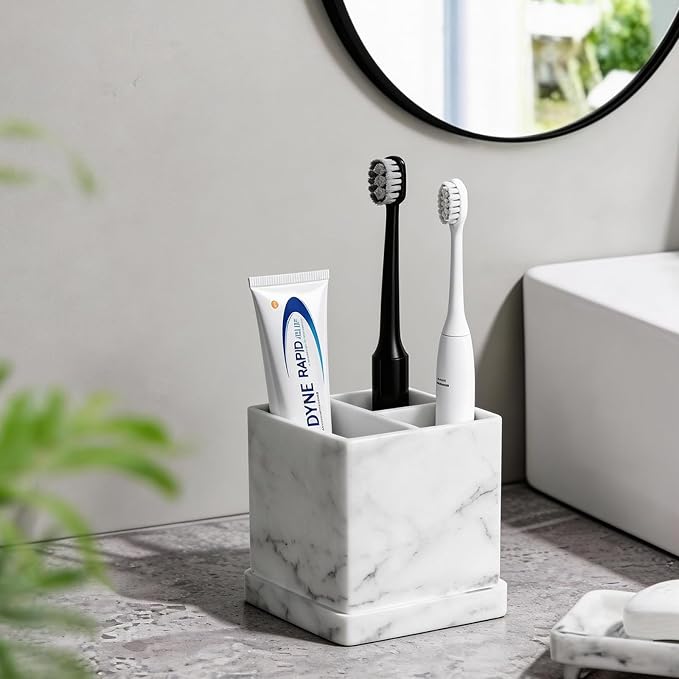 Toothbrush Holders for Bathrooms, 3 Slots Kids Countertop Silicone Electric Tooth Brush and Toothpaste Holder Organizer Stand with Drainage Tray, Bathroom Accessories Decor, White Marble