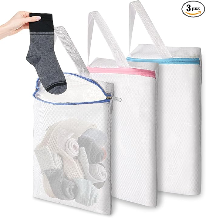 3 PACK Hanging Mesh Laundry Bags with S Metal Hooks,10x12 Inch Hanging Socks Laundry Bags, for Washing Machine