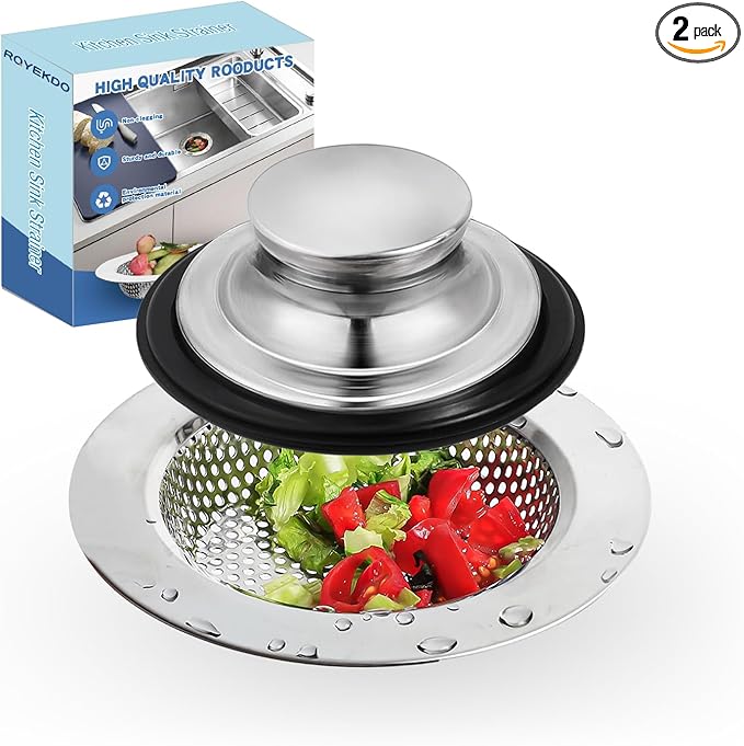 RQYEKDO Polished Kitchen Sink Strainers Sink Stopper Kits, Stainless Steel Sink Drain Strainer Set,Large Wide Rim 4.4" Diameter Food Catcher Garbage Disposal Plug for Most Sink Drains Basket Filter