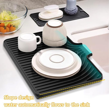 Silicone Drying Mat for Kitchen Counter , Dish Drying Rack Matt with Built in Drain, 18 Inch Dry Mats for Dishes Drying Pad for Kitchen Counter (18×12inch, black)