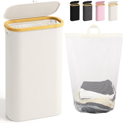 75L Slim Laundry Hamper with Lid, Dirty Clothes Hampers for Laundry, Collapsible Laundry Baskets for Small Spaces, Bedroom, Bathroom, Laundry Room, Beige