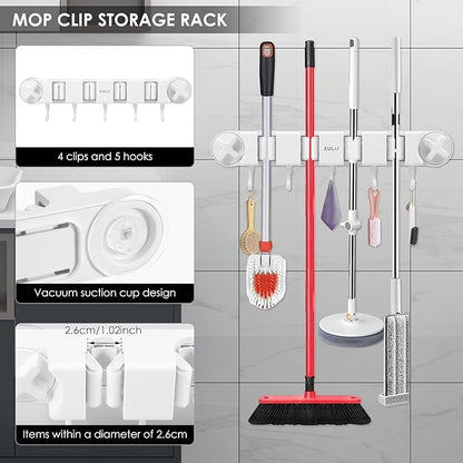 Broom Holder Wall Mount Sturdy Mop and Broom Organizer with 4 Racks and 5 Hooks Vacuum Suction Cup Broom Mop Holder for Home, kitchen, Garden, Tools, Garage
