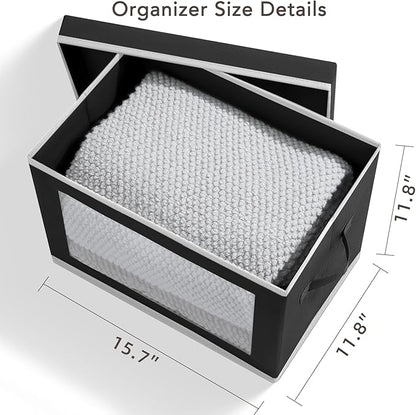 Storage Boxes with Lids - 4 Pack Fabric Clear Window Storage Bins, Large Decorative Storage Bins with Handles, Linen Closet Organizer for Clothes, Towel, Blanket, Black