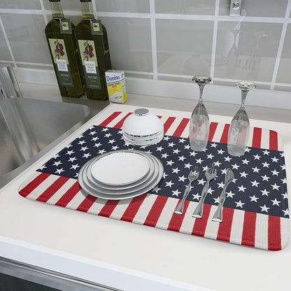 4th of July Dish Drying Mat For Kitchen CounterPatriotic American Flag Star Stripes Microfiber Absorbent Drying Mats Reversible Kitchen Countertop Drainer Pad 18x24 Inch
