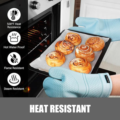 Rorecay 6pcs Oven Mitts and Pot Holders Sets, Extra Long Silicone Oven Gloves Heat Resistant 500 Degrees Non-Slip Potholders Hot Pads for Kitchen Baking Cooking, Quilted Liner, Winter Sky