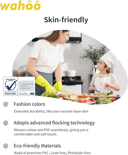 wahoo 3 Pairs Skin-Friendly Cleaning Gloves, Cotton Flocked Lined Dishwashing Gloves, Reusable, Non-Slip, Waterproof, Bud Tender, Small