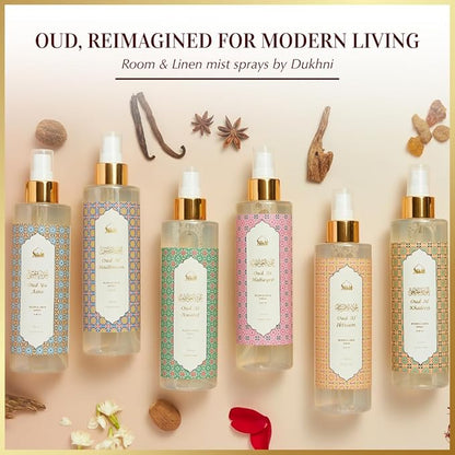 Oud al Awatef Arabic Room Spray by Dukhni | 250ml Oud fragrance Air Freshener, Attar al Faraash for home & prayer mats | Bed linen, Sofa Mist, natural home scent, curtain spray, odour eliminator