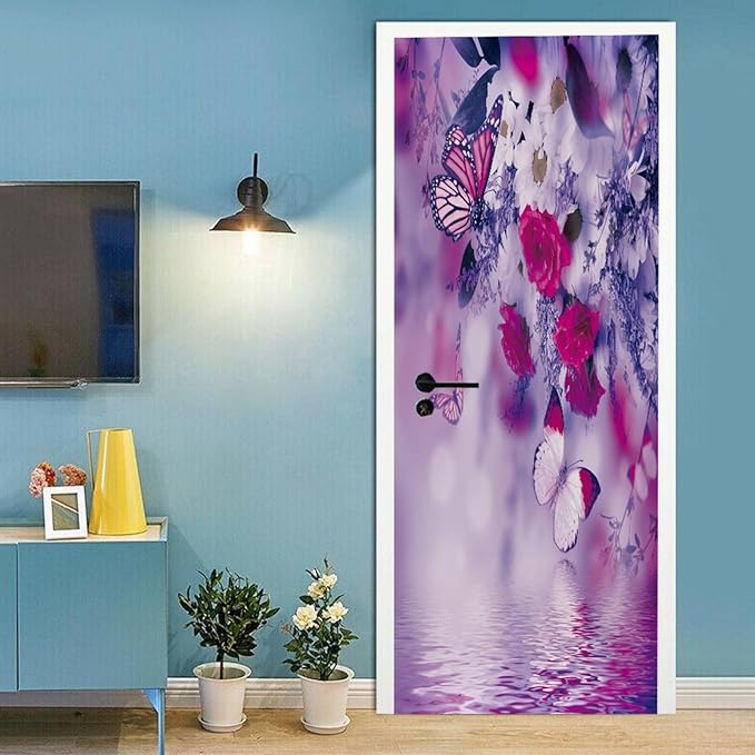 A.Monamour 3D Door Stickers for Interior Doors Red White Flowers and Butterflies Vinyl Waterproof Self Adhesive Door Mural Decals for Bedroom Office Bathroom 85x200cm