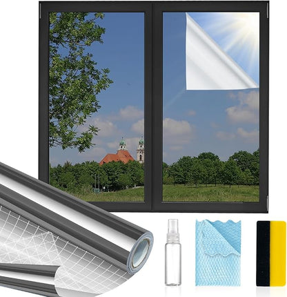 Window Privacy Film One Way, Reflective Mirror Window Film Daytime Privacy, UV Sun Blocking Heat Control Static Cling, Window Tint for Home Office - 35.4 Inch X 8.2 Feet
