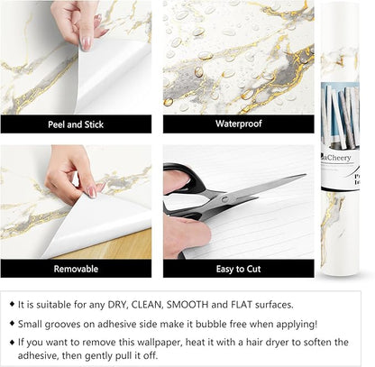 LACHEERY Thick White Marble Peel and Stick Wallpaper White and Gold Wallpaper for Kitchen Accent Wall Paper Counter Cover Peel and Stick Countertop Contact Paper Waterproof Matte Marble Roll 12"x160"