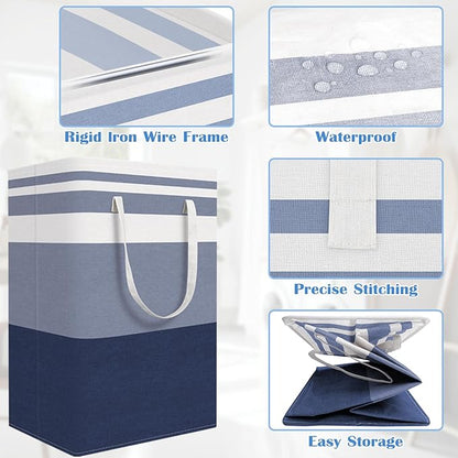 BlissTotes 3-Pack Laundry Basket, Freestanding＆Waterproof Laundry Hamper, Collapsible Tall Clothes Hamper with Easy Carry Handles for Clothes, Towels in the Family and Dorm,Gradient Blue,125L