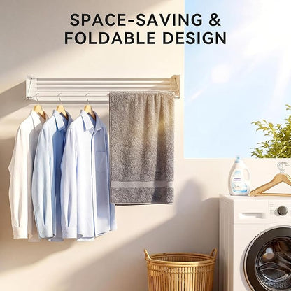 Wall Mounted Clothes Drying Rack - Heavy Duty 5-Rod Retractable Clothing Drying Rack, 60LBS Capacity Tiered Laundry Hanger, Large Foldable Dryer Racks for Indoor