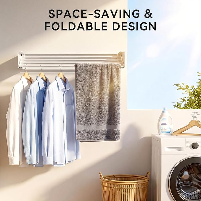 Clothes Drying Rack Wall Mounted - 41.73" Large Stainless Steel Laundry Drying Rack Collapsible, 60LBS Heavy Duty Retractable Hanger, 5-Rod Tiered Foldable Rack for Indoor