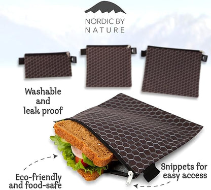 Nordic By Nature 4 Pack - Reusable Sandwich Bags Dishwasher Safe BPA Free - Durable Washable Quick Dry Cloth Baggies -Reusable Snack Bags School Lunches - Easy Open Zipper - (Black Metal)