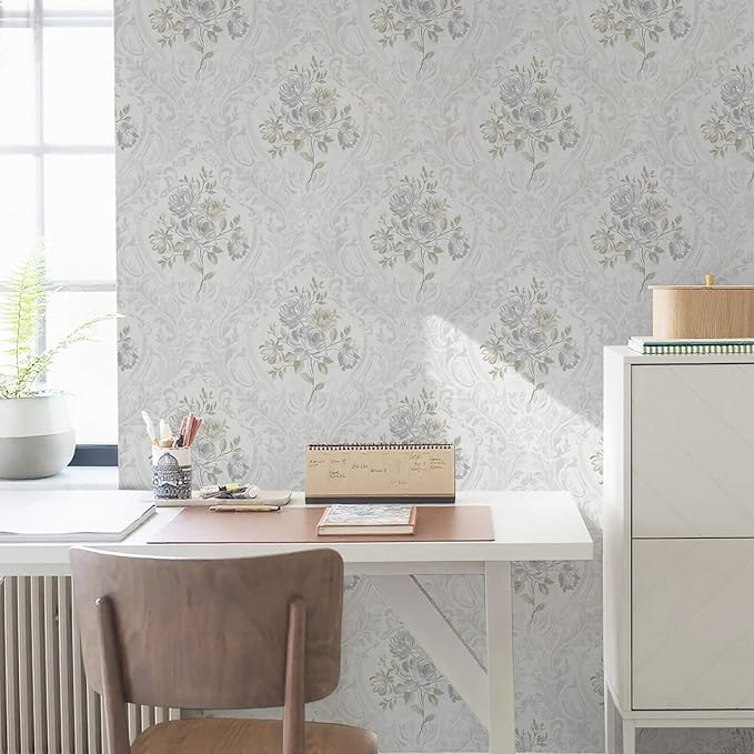 Ismoon Vintage Peel and Stick Wallpaper Floral Contact Paper Boho White and Grey Watercolor Damask Wallpaper Textured Removable Self Adhesive Vinyl Wall Paper for Bedroom, 17.3 in X 32.75ft