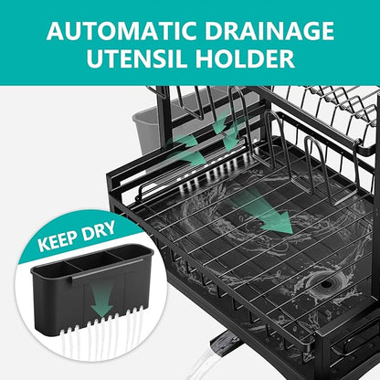 2-Tier Dish Drying Rack for Kitchen Counter, Dish Drainer Dish/Cup/Cutlery Holder Dish Drainer Rack 2 Tier Dish Racks with Utensils Holder, Drainboard & 360° Telescopic Drain Pipe (Black)