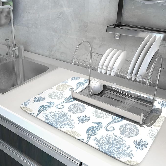 Blue Coral Dish Drying Pad 18 x 24 Inch With Absorbent Reversible Microfiber Coastal Starfish Seashell Summer Drying Mats Dish Drainer Mat Fast Dry For Kitchen Dining Room Decoration