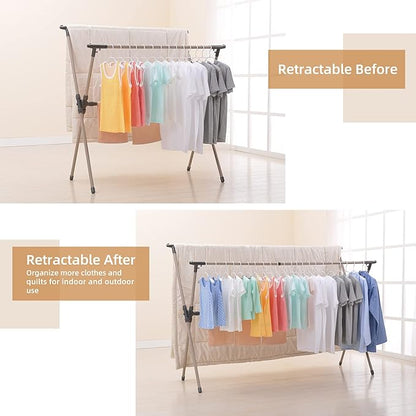 Clothes Drying Rack, Adjustable and Foldable Laundry Rack, Space Saving Hanger Rack, Retractable 47-79 Inch Clothes Rack Heavy Duty Garment Rack for Indoor/Outdoor
